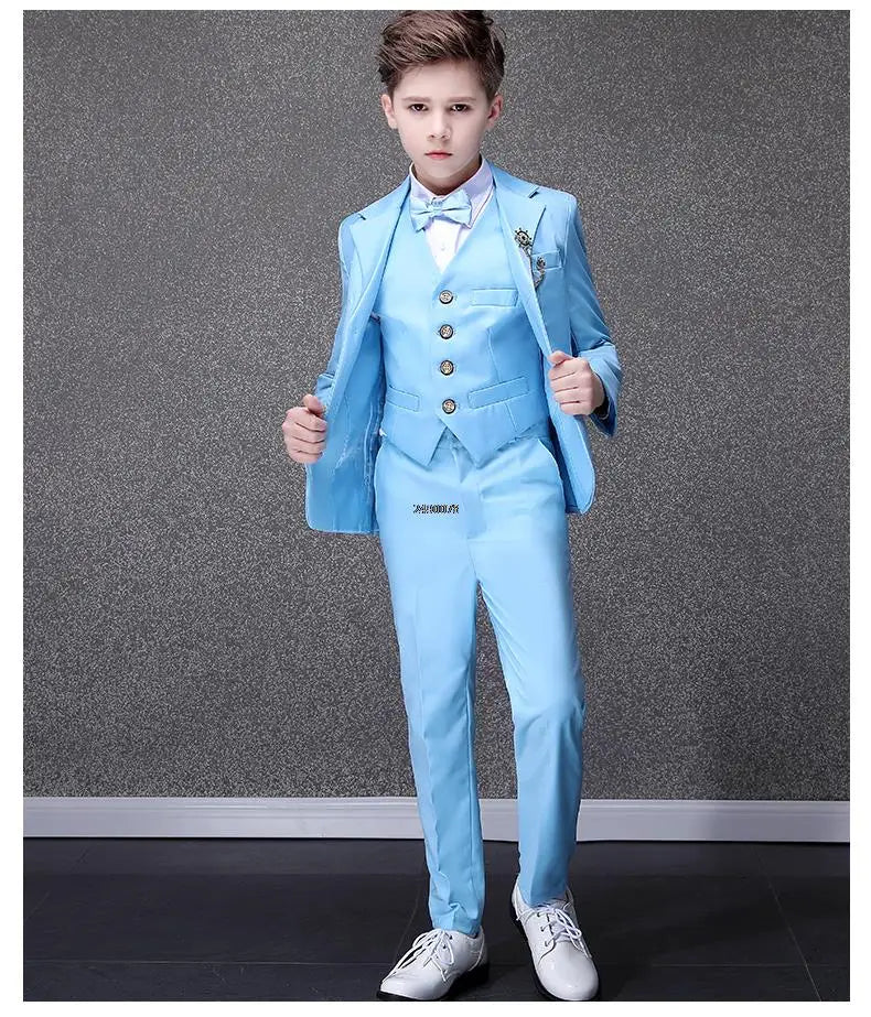 Boys Light Blue Three Piece Suit with Bow Tie and Decorative Chain