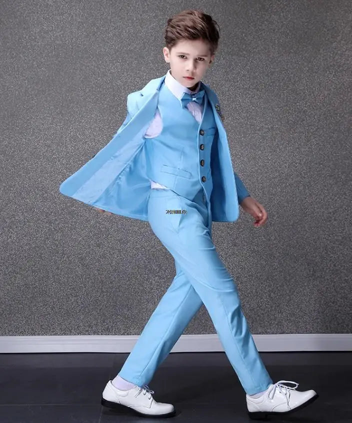 Boys Light Blue Three Piece Suit with Bow Tie and Decorative Chain