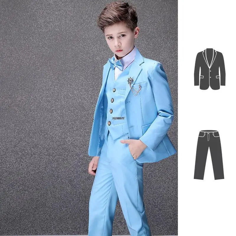 Boys Light Blue Three Piece Suit with Bow Tie and Decorative Chain