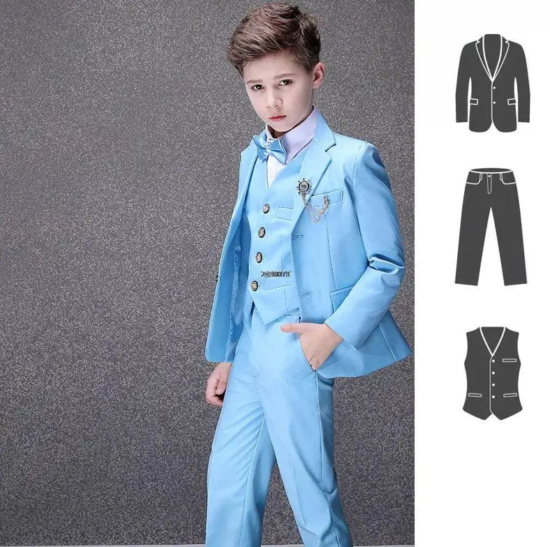 Boys Light Blue Three Piece Suit with Bow Tie and Decorative Chain
