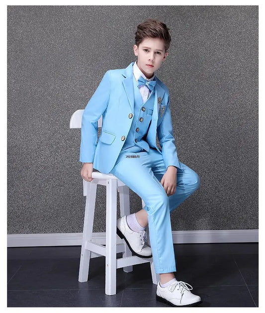 Boys Light Blue Three Piece Suit with Bow Tie and Decorative Chain