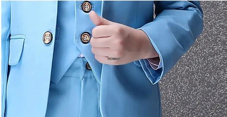 Boys Light Blue Three Piece Suit with Bow Tie and Decorative Chain