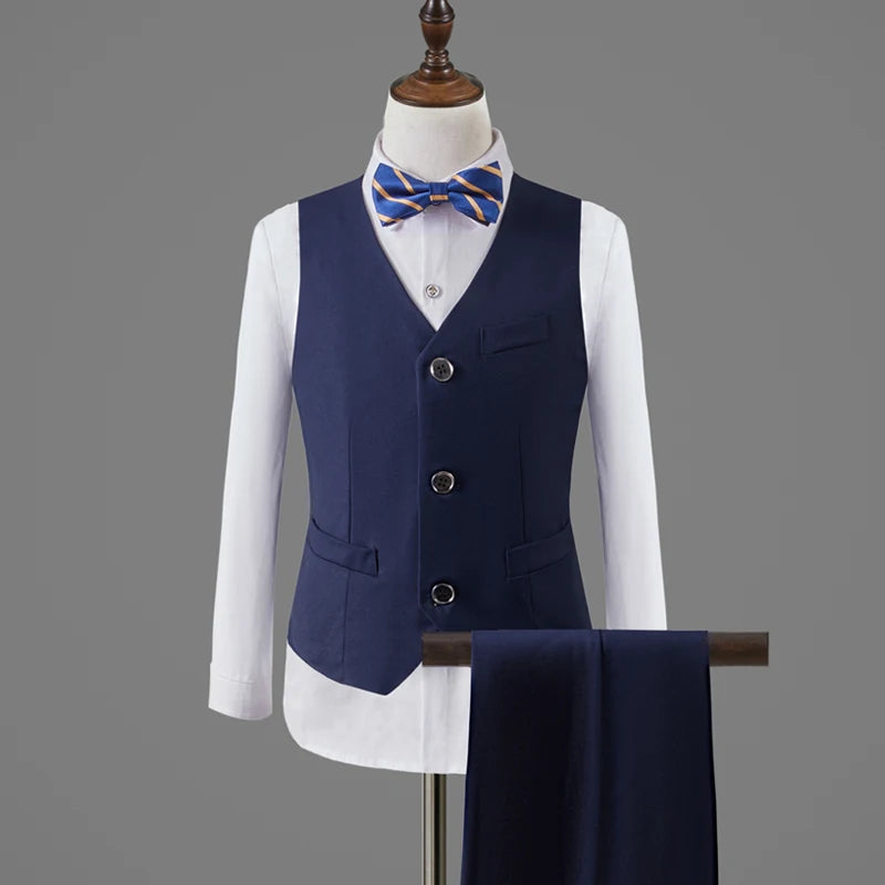 Conjunto de traje de dos piezas para niño, esmoquin formal azul marino con pajarita y chaleco 