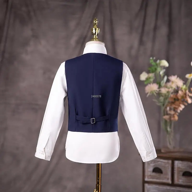 Conjunto de traje de dos piezas para niño, esmoquin formal azul marino con pajarita y chaleco 