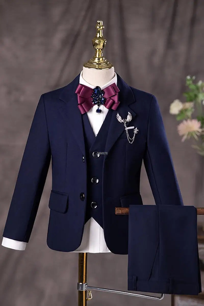 Conjunto de traje de dos piezas para niño, esmoquin formal azul marino con pajarita y chaleco 