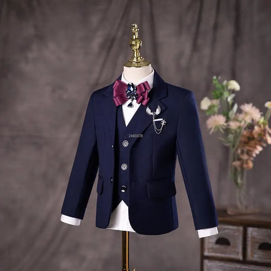 Boys Navy Blue Formal Tuxedo with Bow Tie and Vest Two Piece Suit Set
