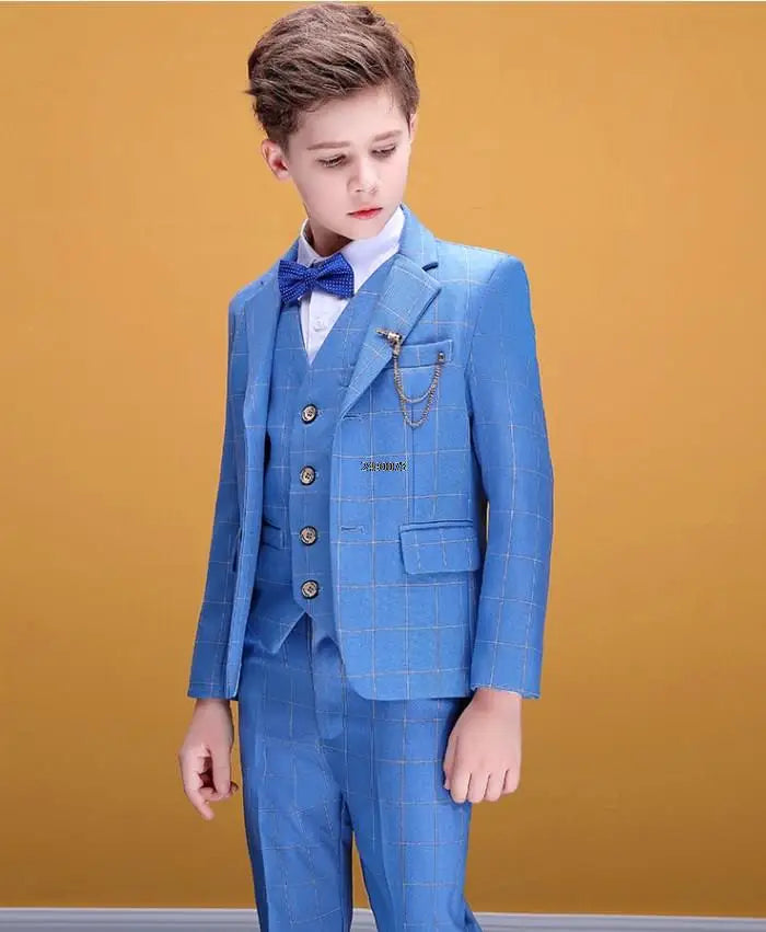 Boys Blue Plaid Three Piece Suit with Bow Tie and Chain Detailing