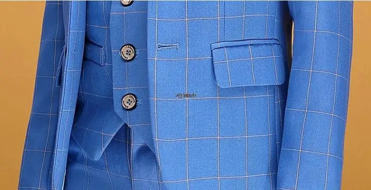 Boys Blue Plaid Three Piece Suit with Bow Tie and Chain Detailing