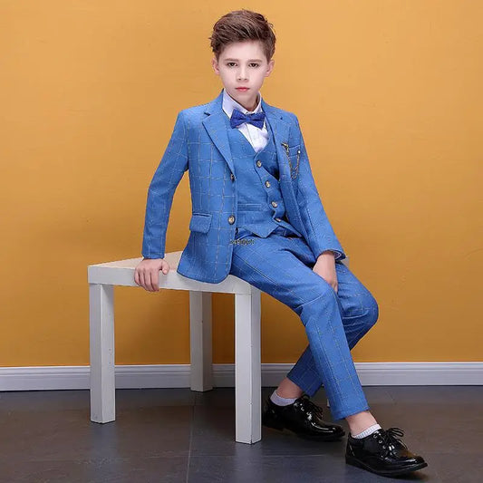 Boys Blue Plaid Three Piece Suit with Bow Tie and Chain Detailing