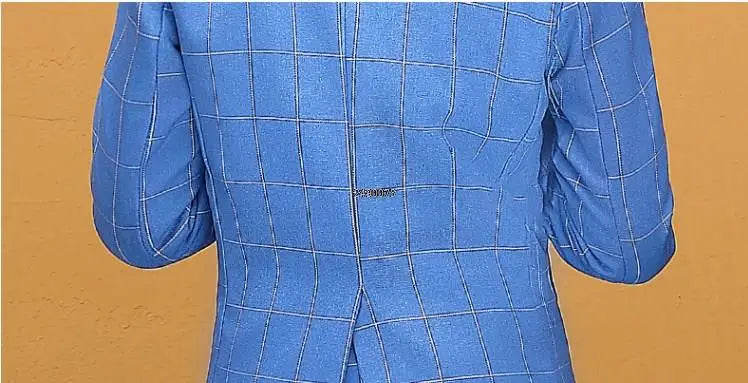 Boys Blue Plaid Three Piece Suit with Bow Tie and Chain Detailing