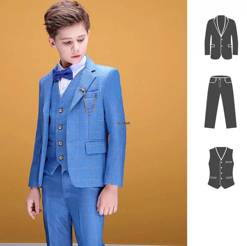 Boys Blue Plaid Three Piece Suit with Bow Tie and Chain Detailing