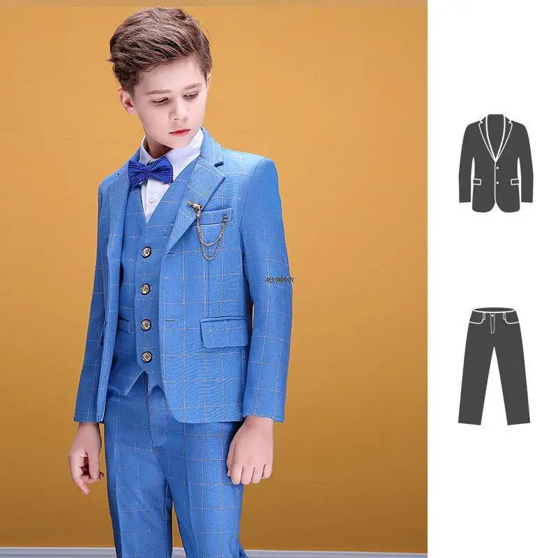 Boys Blue Plaid Three Piece Suit with Bow Tie and Chain Detailing