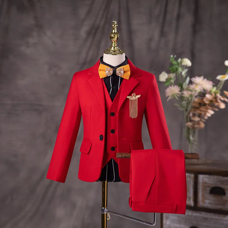 Boys Formal Red Suit with Blazer Vest Pants and Bow Tie Set