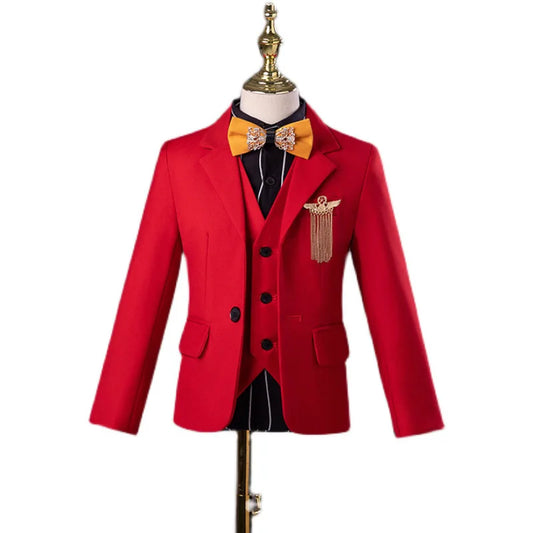 Boys Formal Red Suit with Blazer Vest Pants and Bow Tie Set