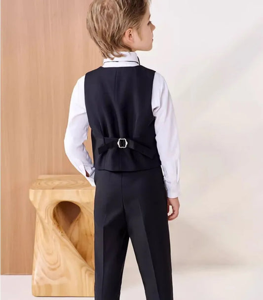 Boys Classic Formal Suit Set with Vest and Bow Tie Black and Blue