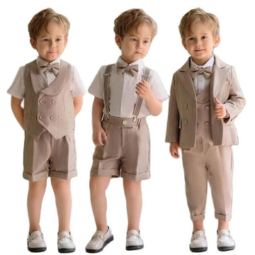 Toddler Boys Formal Suit Set with Vest Blazer Bow Tie and Shorts