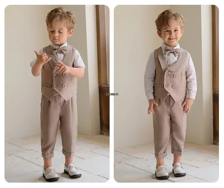 Ensemble de costume formel pour tout-petits garçons avec gilet, blazer, nœud papillon et short 