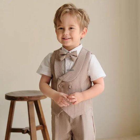 Toddler Boys Formal Suit Set with Vest Blazer Bow Tie and Shorts