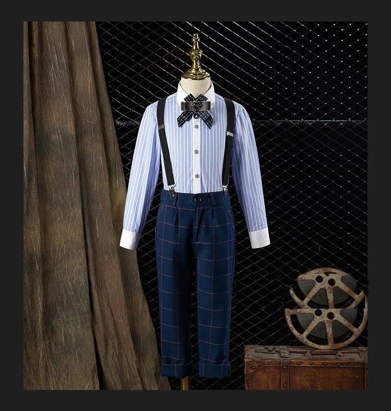 Conjunto de traje formal para niño con blazer a cuadros azul marino, chaleco y pantalón, pajarita y prendedor de solapa. 