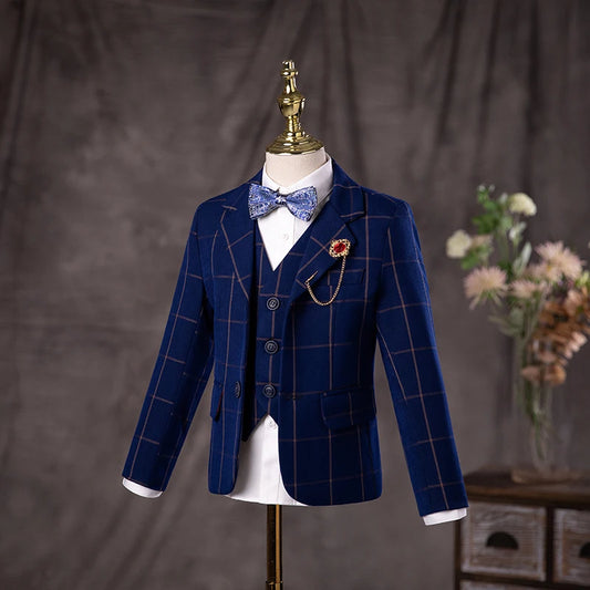 Boys Formal Navy Blue Plaid Blazer Vest and Pants Suit Set with Bow Tie and Lapel Pin