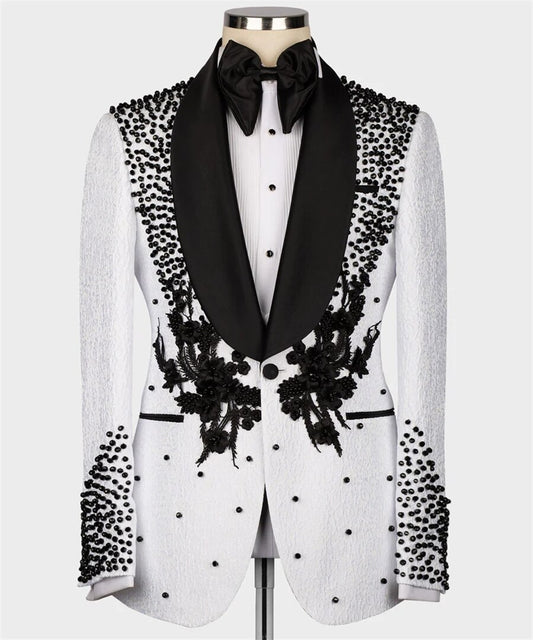 Esmoquin de boda blanco con bordado de flores, hecho a mano con perlas, traje de novio de lujo, blazer, chaleco, pantalones, traje de fiesta de graduación 