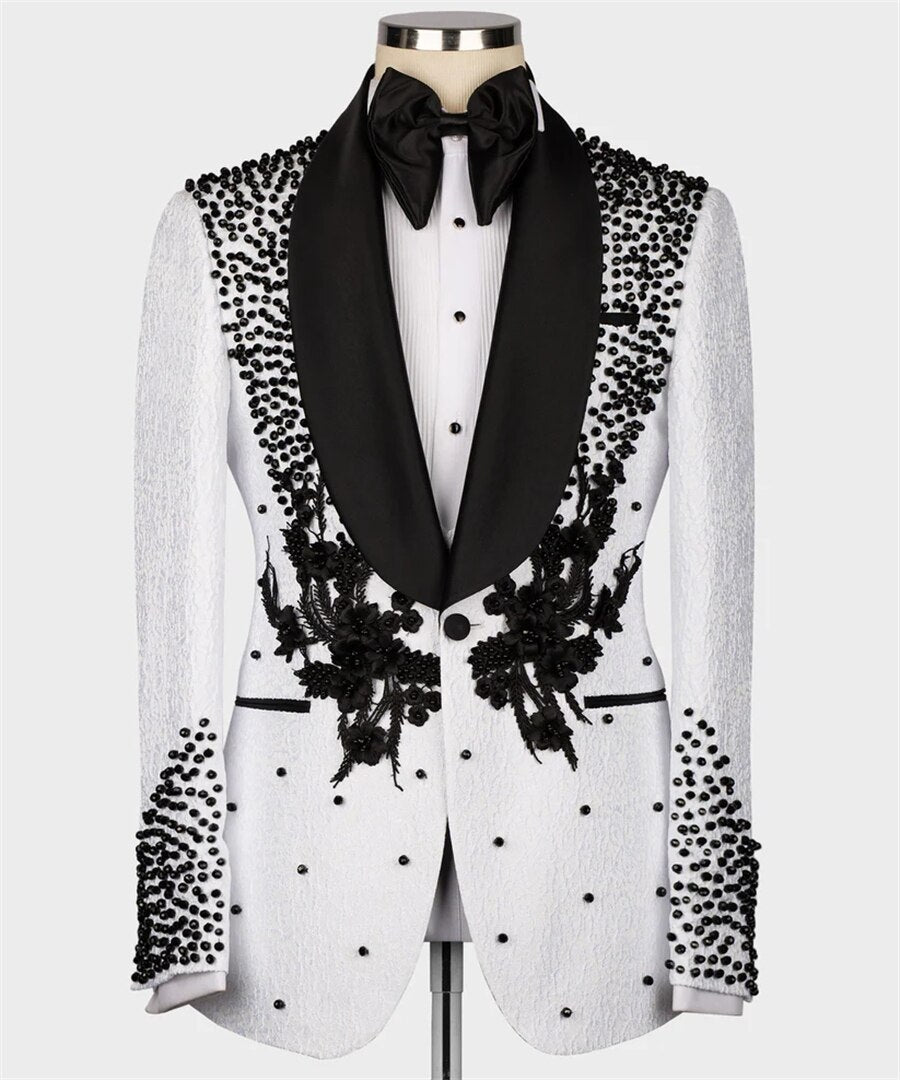 Esmoquin de boda blanco con bordado de flores, hecho a mano con perlas, traje de novio de lujo, blazer, chaleco, pantalones, traje de fiesta de graduación 