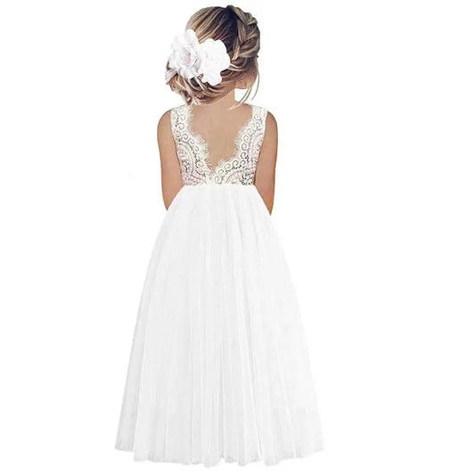 Girls Sleeveless Lace Tulle Flower Girl Dress Wedding Party Gown Pink