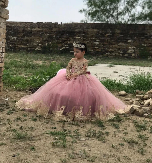 Vestido de princesa de manga larga con encaje rosa para niñas pequeñas, con lazo y corona