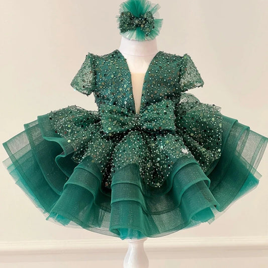 Vestido de bebé de tul con lentejuelas rosas, cola larga y diadema de flores 