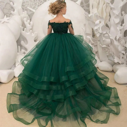 Elegant Dark Green Floral Lace Long Sleeve Tulle Ball Gown