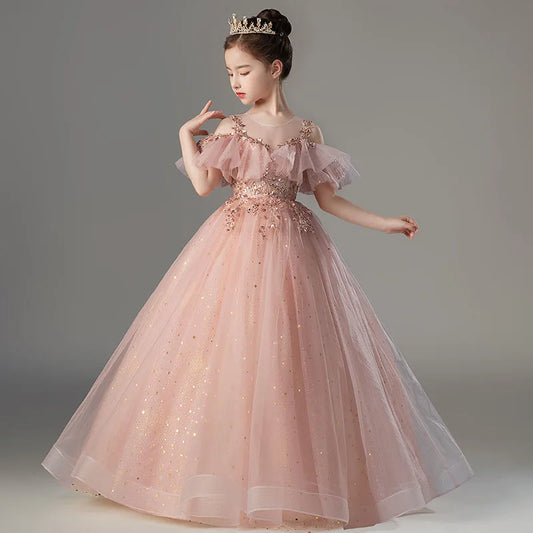 Girls Princess Ball Gown Pink Dress with Flower Appliques and Ruffled Sleeves