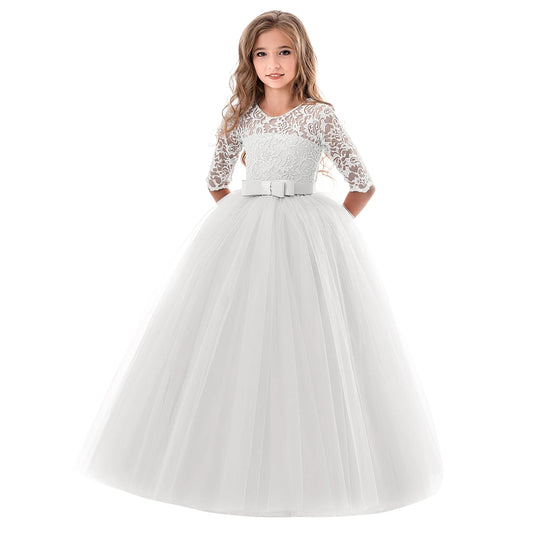 Vestido de niña con encaje y tul, mangas 3/4 y lazo en varios colores. 