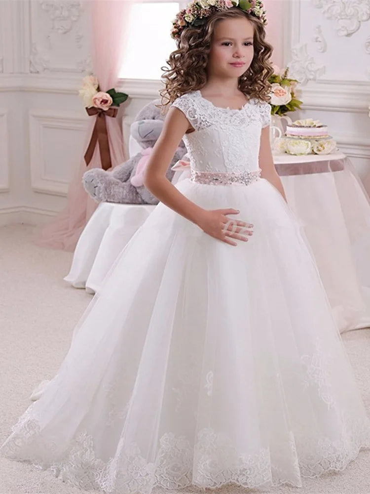 Girls Lace Applique Tulle Flower Girl Dress with Cap Sleeves and Floral Belt