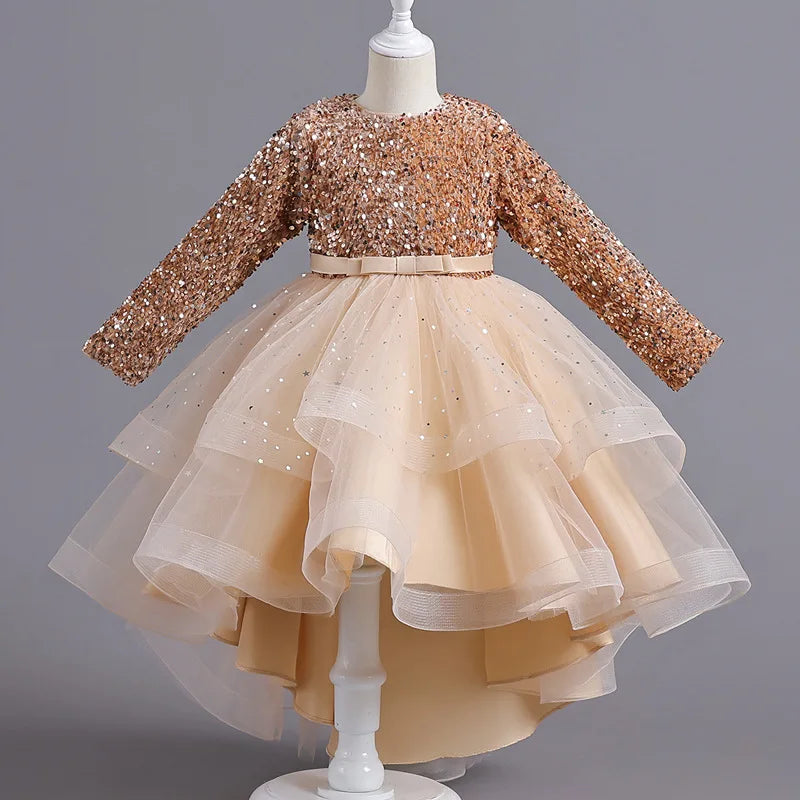 Vestido de fiesta de tul con capas y parte superior de lentejuelas y mangas largas para niñas 