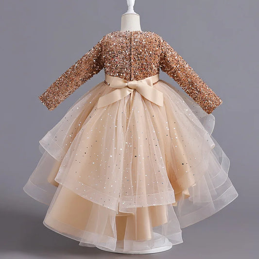 Vestido de fiesta de tul con capas y parte superior de lentejuelas y mangas largas para niñas 