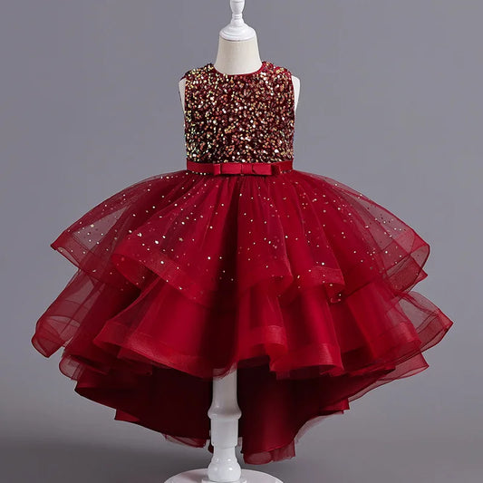 Girls Sleeveless Sequin Bodice High Low Tulle Layered Dress in Gold