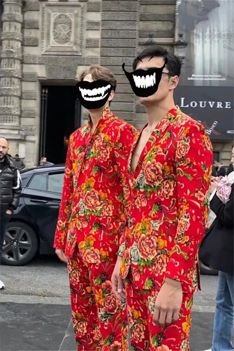 Conjunto de traje de 2 piezas con estampado de flores para hombre, chaqueta y pantalones formales de boda rojos, a medida, para fiesta de graduación, para invitados, novio, esmoquin, chaqueta y abrigo. 