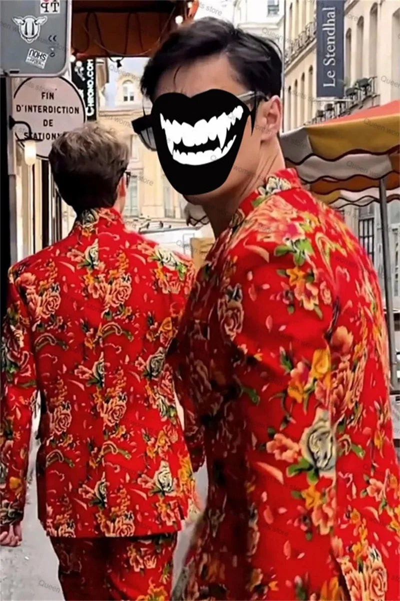 Conjunto de traje de 2 piezas con estampado de flores para hombre, chaqueta y pantalones formales de boda rojos, a medida, para fiesta de graduación, para invitados, novio, esmoquin, chaqueta y abrigo. 