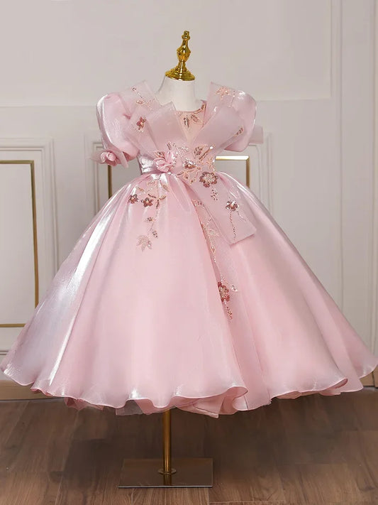 Girls Pink Ball Gown Dress with Floral Appliques and Puff Sleeves
