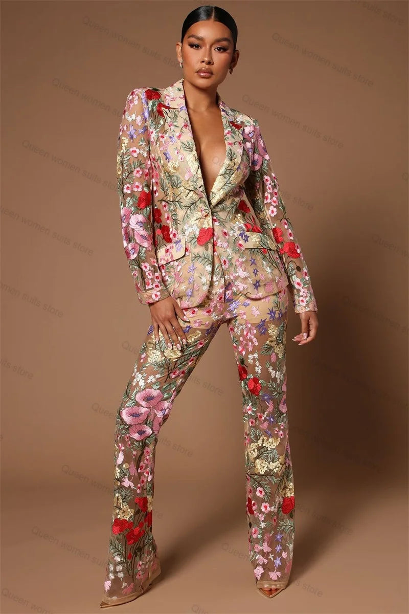 Conjunto de traje y pantalón de 2 piezas para mujer, con diseño de flores, para boda, chaqueta sexy con cuello en V, abrigo y pantalón, vestido formal para invitada de graduación, hecho a medida. 