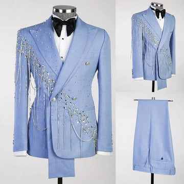 Elegant Light Blue Beaded Tuxedo Suit for Men - Custom Tailored Double-Breasted Blazer and Pants Set for Weddings, Proms, and Special Occasions