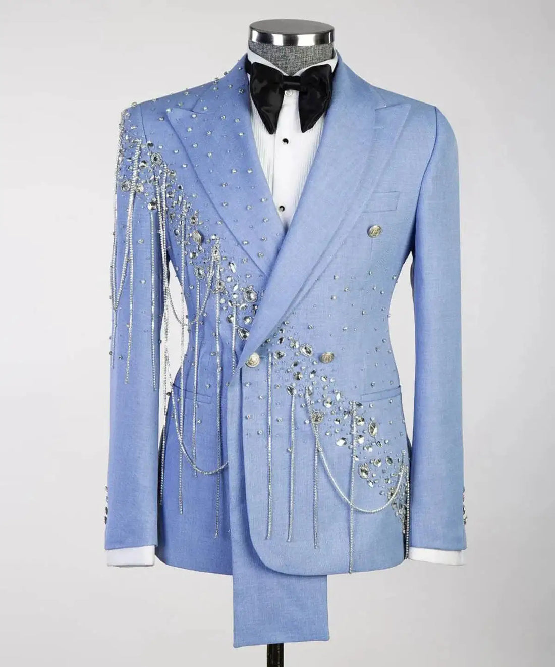 Elegant Light Blue Beaded Tuxedo Suit for Men - Custom Tailored Double-Breasted Blazer and Pants Set for Weddings, Proms, and Special Occasions