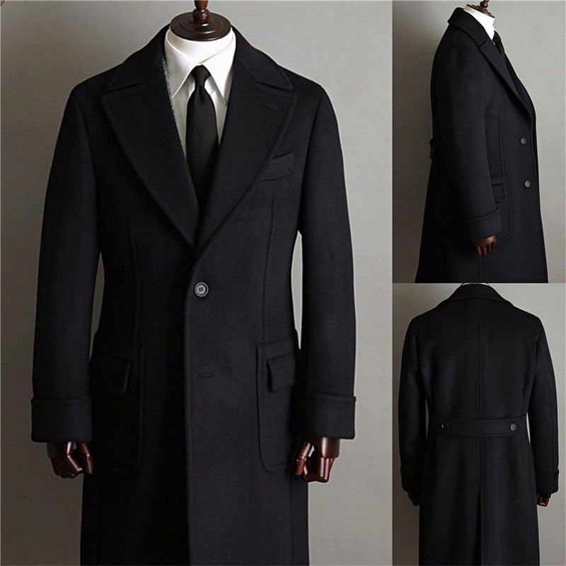 Trajes formales negros para hombre, de lana gruesa, hechos a medida, chaqueta cortavientos, esmoquin con solapa de pico, blazer de negocios largo 