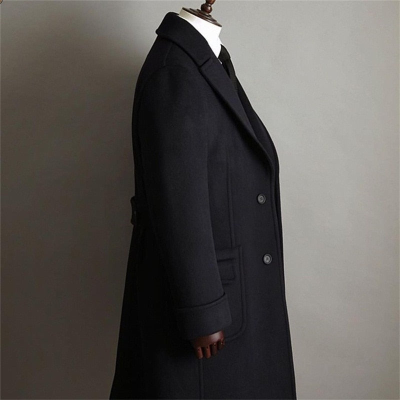 Trajes formales negros para hombre, de lana gruesa, hechos a medida, chaqueta cortavientos, esmoquin con solapa de pico, blazer de negocios largo 