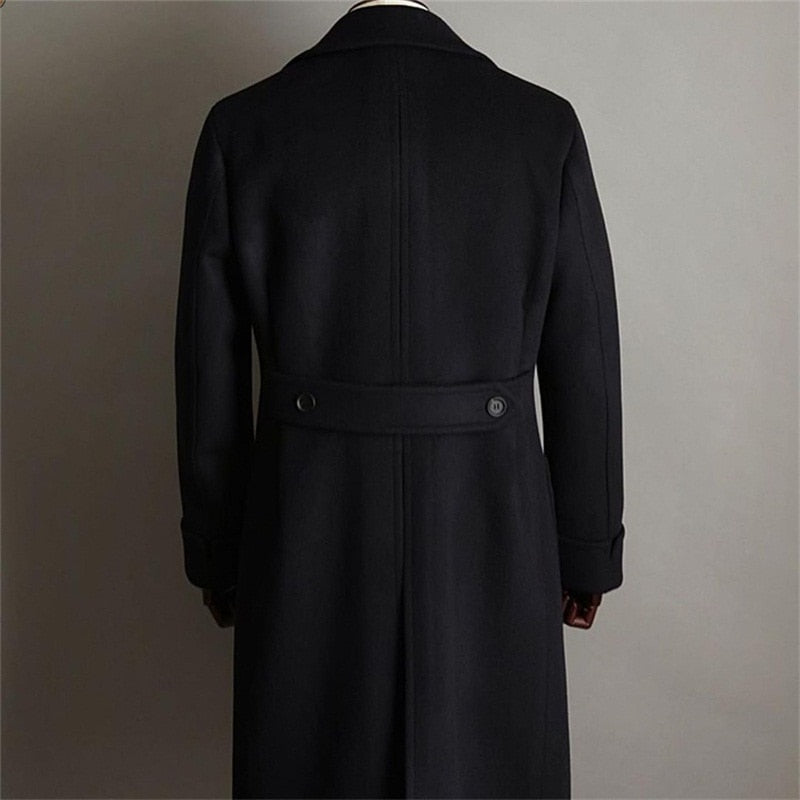 Trajes formales negros para hombre, de lana gruesa, hechos a medida, chaqueta cortavientos, esmoquin con solapa de pico, blazer de negocios largo 