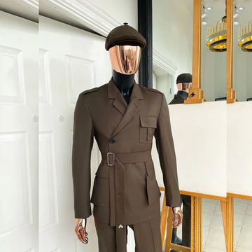 Ensemble blazer croisé marron élégant pour homme avec ceinture et revers crantés - Idéal pour les bals de fin d'année, les fêtes et les événements formels