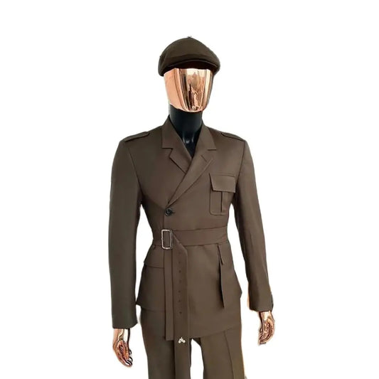 Ensemble blazer croisé marron élégant pour homme avec ceinture et revers crantés - Idéal pour les bals de fin d'année, les fêtes et les événements formels