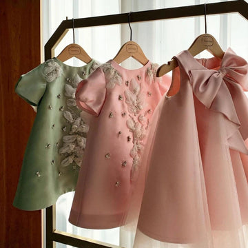 Girls Embroidered Floral Satin Dresses with Puff Sleeves and Bow