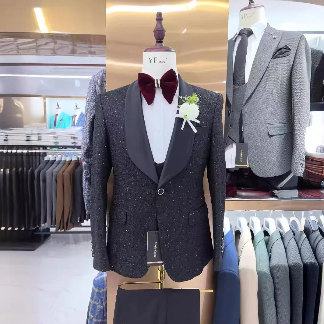 Formal Floral Men's Suit Wedding Groom Tuxedo Three Piece Black Party Dress Slim Fit Design Elegant Men's Suit Suits for Men