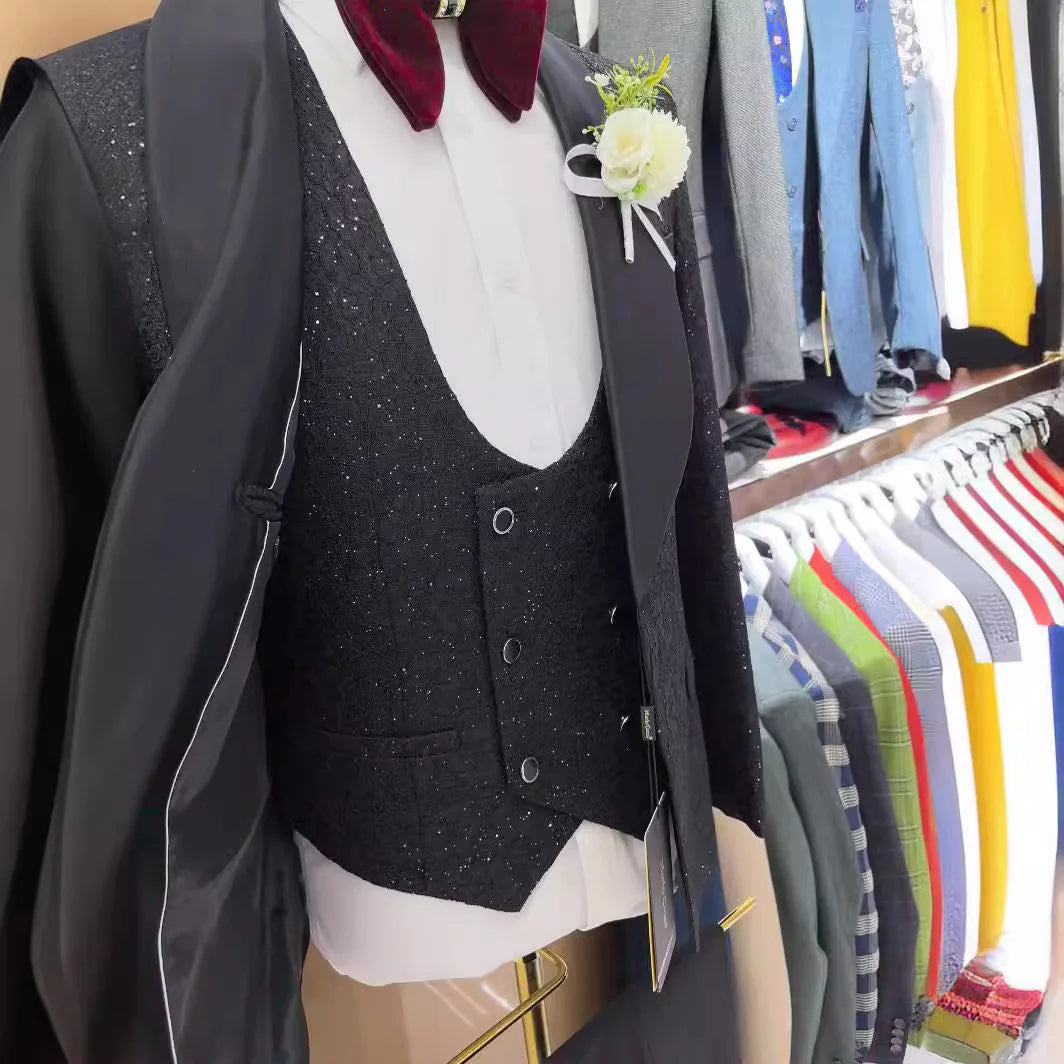 Formal Floral Men's Suit Wedding Groom Tuxedo Three Piece Black Party Dress Slim Fit Design Elegant Men's Suit Suits for Men